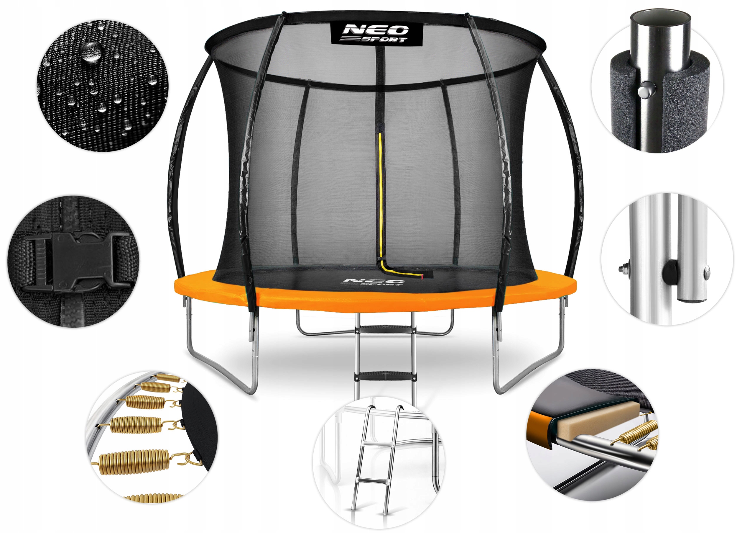 Detská záhradná trampolína NEOSPORT 252 cm (8FT) s vnútornou bezpečnostnou sieťou a rebríkom, nosnosť 100 kg, 42 pružín