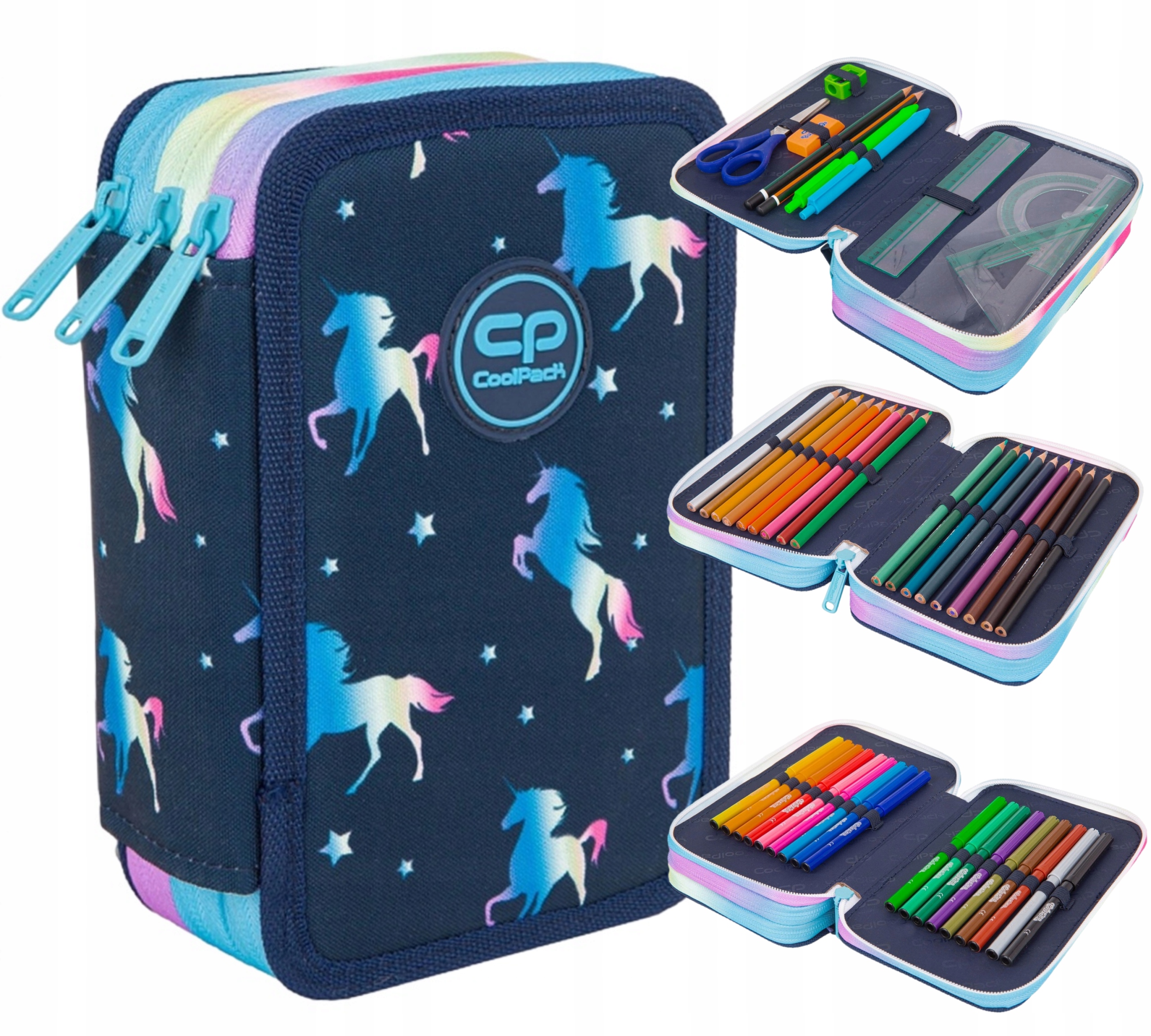 CoolPack Jumper 3 EQUIPMENT trojpriehradkový školský peračník pre deti modrý jednorožec 22×15×7 cm