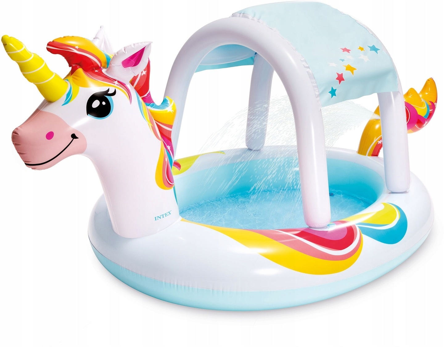 Intex Unicorn – nafukovací detský bazén s odnímateľným prístreškom a fontánou 254 × 132 × 109 cm, 130 l