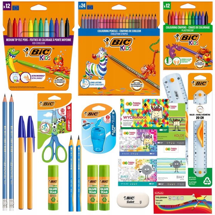 BIC School štartovacia sada pre 1.–3. ročník – pastelky, perá, ceruzky, farby a školské potreby