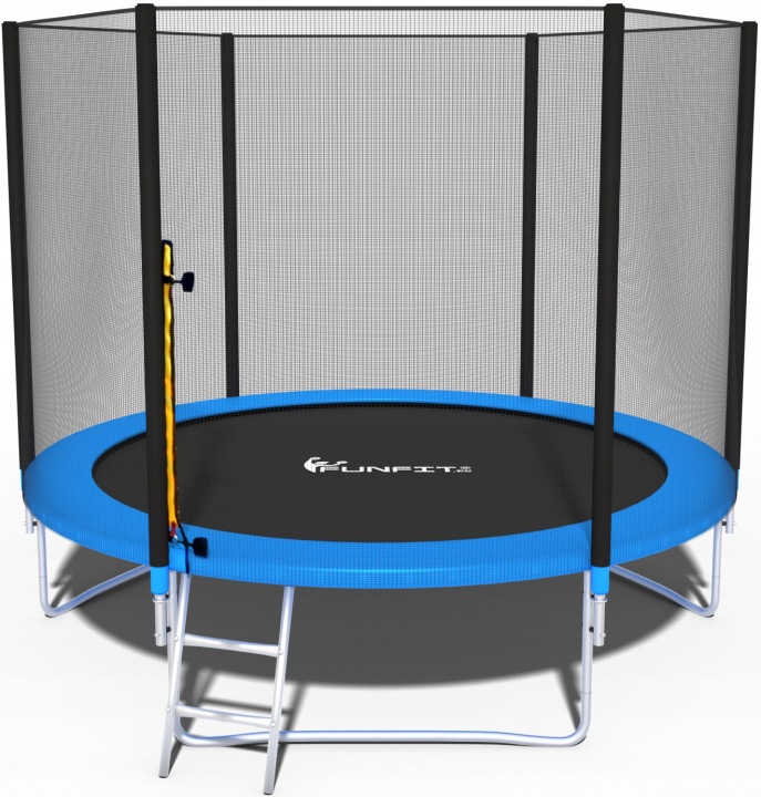 Záhradná trampolína FUNFIT 252 cm (8FT) s vonkajšou bezpečnostnou sieťou a rebríkom, nosnosť 120 kg, 48 pružín, oceľová konštrukcia