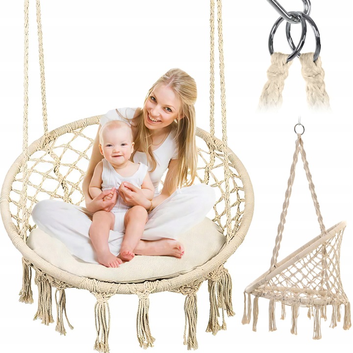 Závesné záhradné kreslo Bocianie hniezdo BOHO 80 cm – macramé hojdačka ecru, nosnosť 150 kg