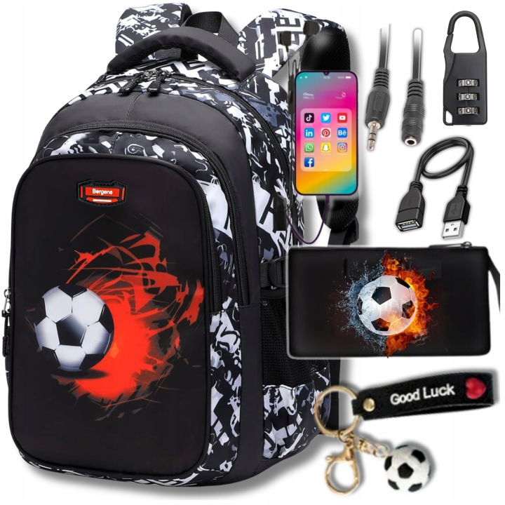 Školský batoh pre chlapcov futbal 6v1 s peračníkom, USB portom a príslušenstvom
