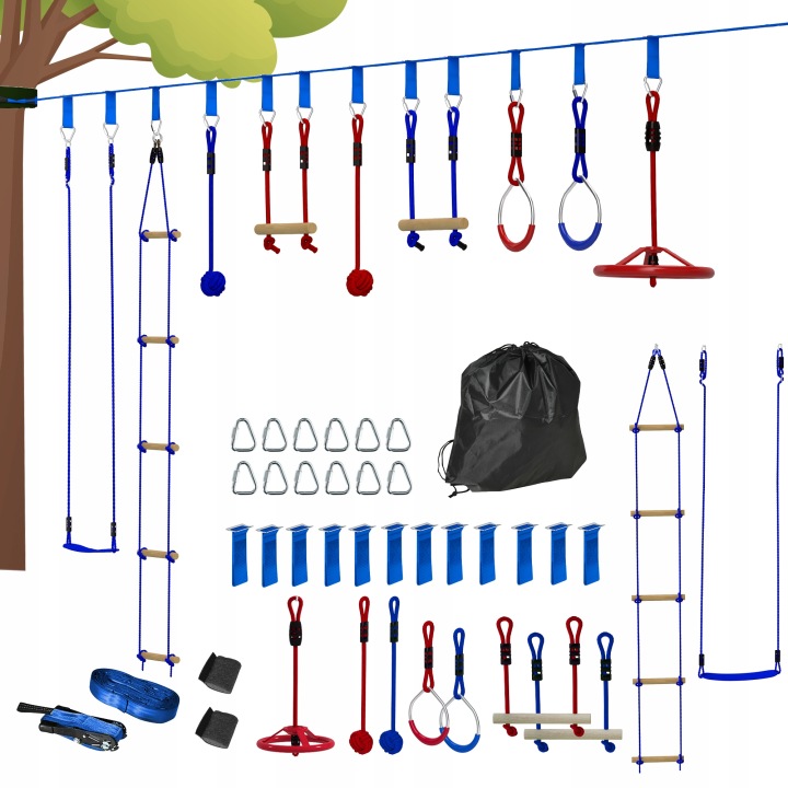 AIYAPLAY Ninja prekážková dráha pre deti 10 m – slackline set s prekážkami, nosnosť 50 kg, záhradná lezecká dráha