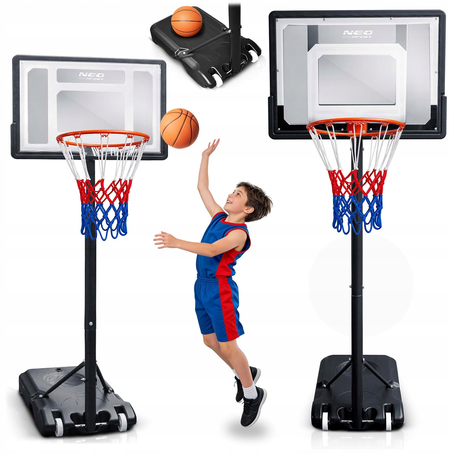 Nastaviteľný basketbalový kôš Neo-Sport NS-280 150–210 cm samostatne stojaci s kolieskami