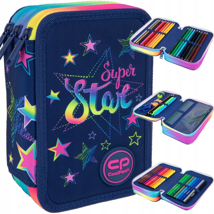 Trojkomorový školský peračník CoolPack Jumper 3 Stars s vybavením, modrá viacfarebná, 19,5 × 12,5 × 6,5 cm