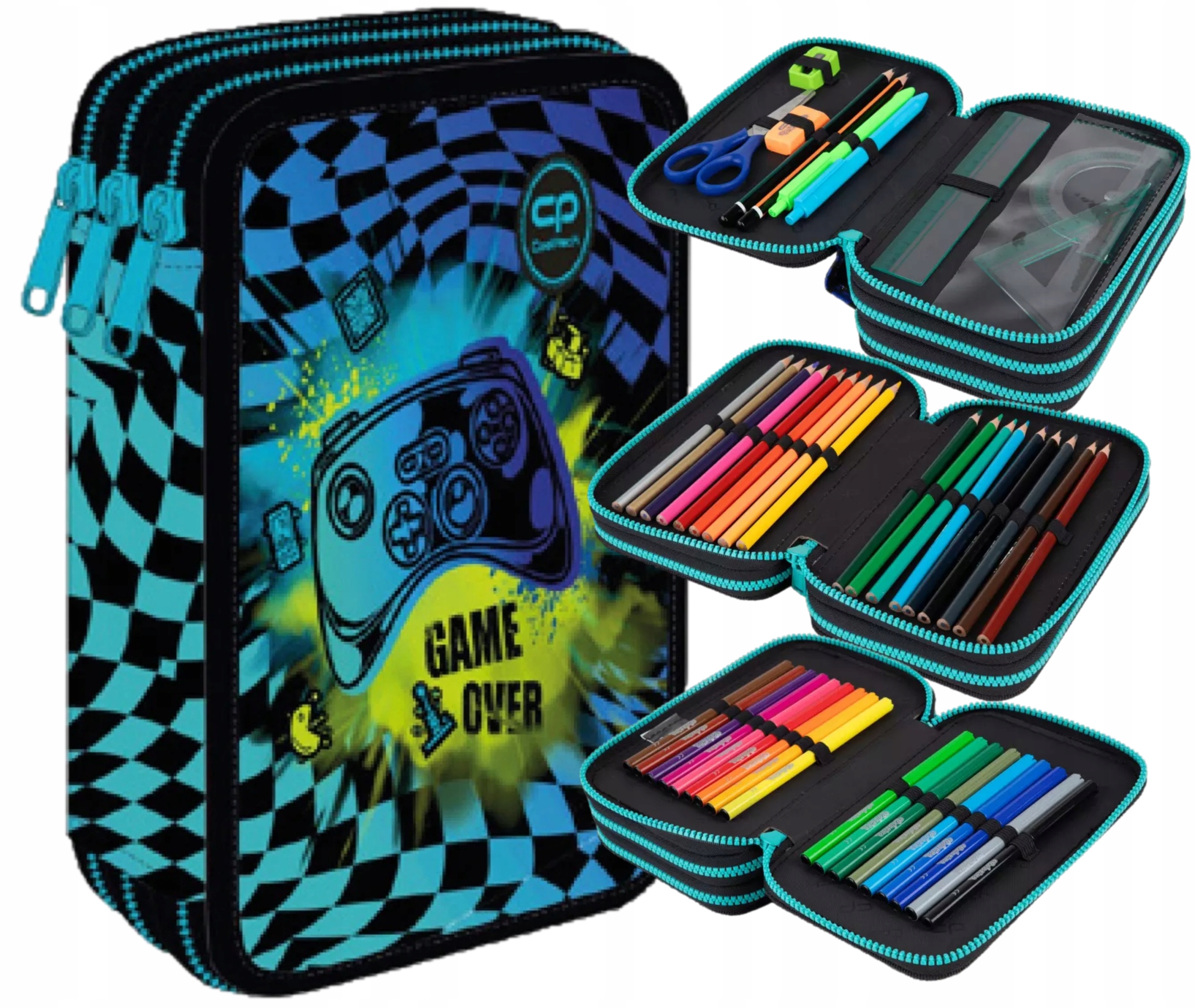 CoolPack trojitý rozkladací peračník s vybavením pre chlapcov GAMER CHESS 19,5×12,5×6,5 cm