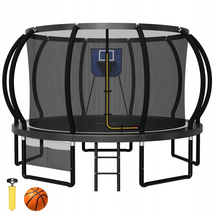 Záhradná trampolína 366 cm (12FT) s bezpečnostnou sieťou a basketbalovým košom, nosnosť 150 kg, oceľový rám, V-nohy