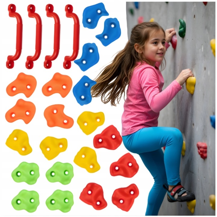 Lezecké kamene a rukoväte pre deti 24 ks UV set, veľké úchyty, montážne skrutky, do 150 kg, domáca lezecká stena