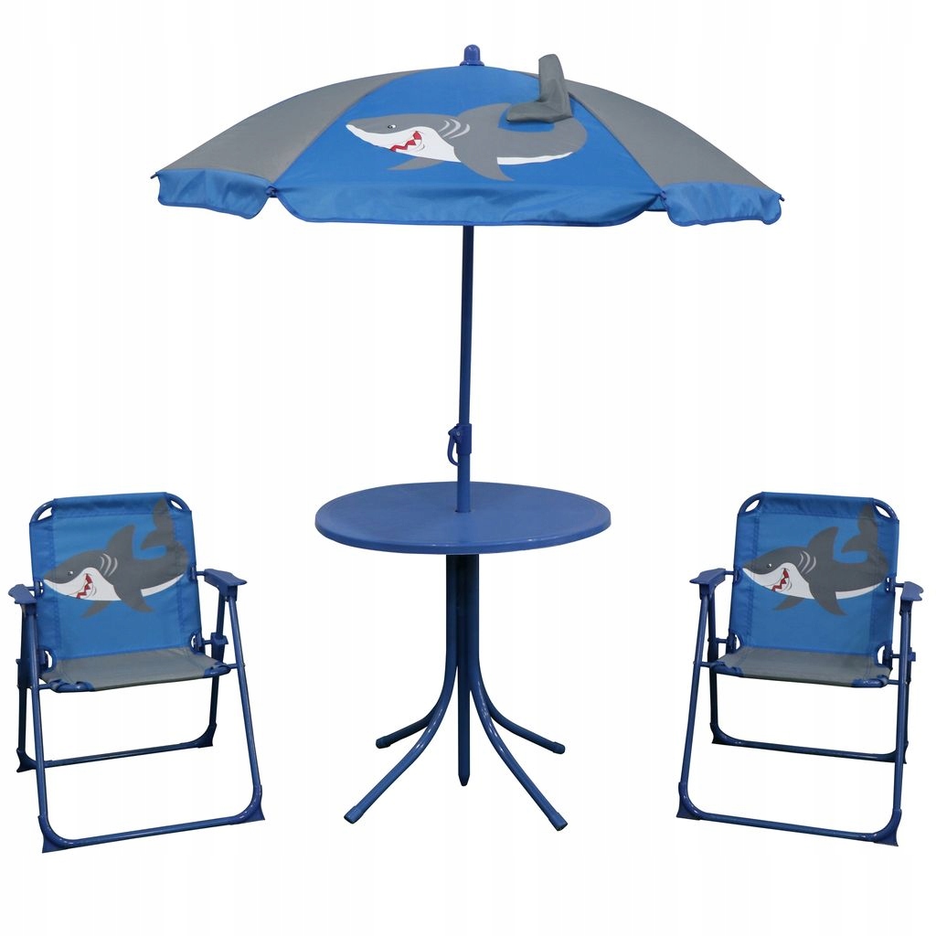 Detská súprava nábytku Shark PATIO – stôl, 2 stoličky a dáždnik s motívom žraloka