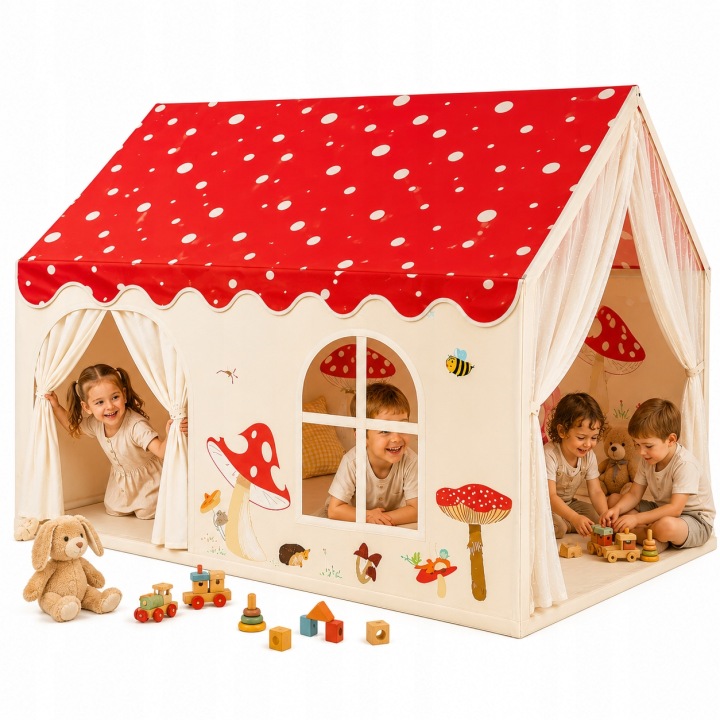 Detský stan XXL domček 160 × 105 × 128 cm s oknami a závesmi – červený
