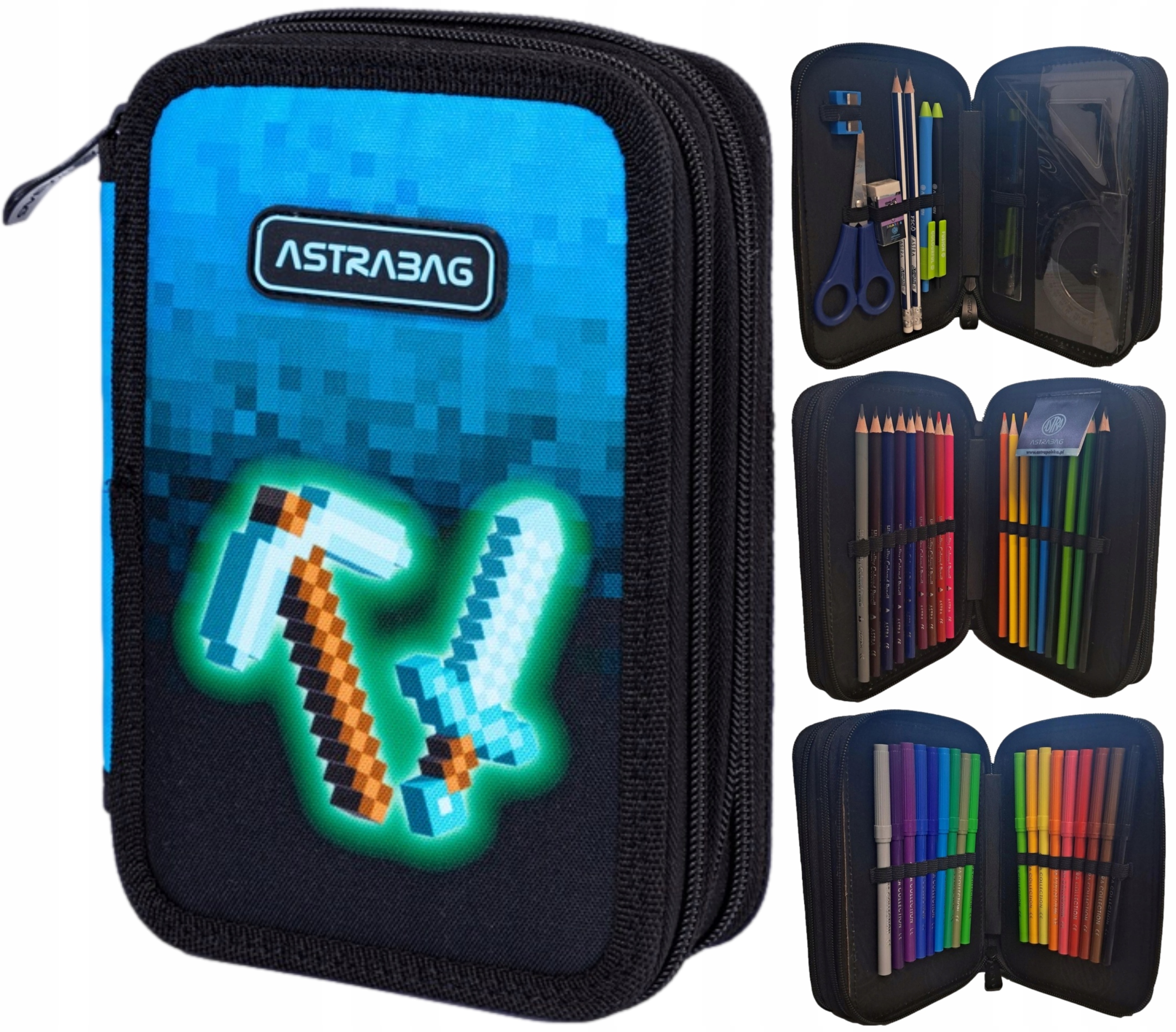 ASTRABAG trojitý školský peračník s modrým pixelovým vybavením 20,5×13×4,5 cm