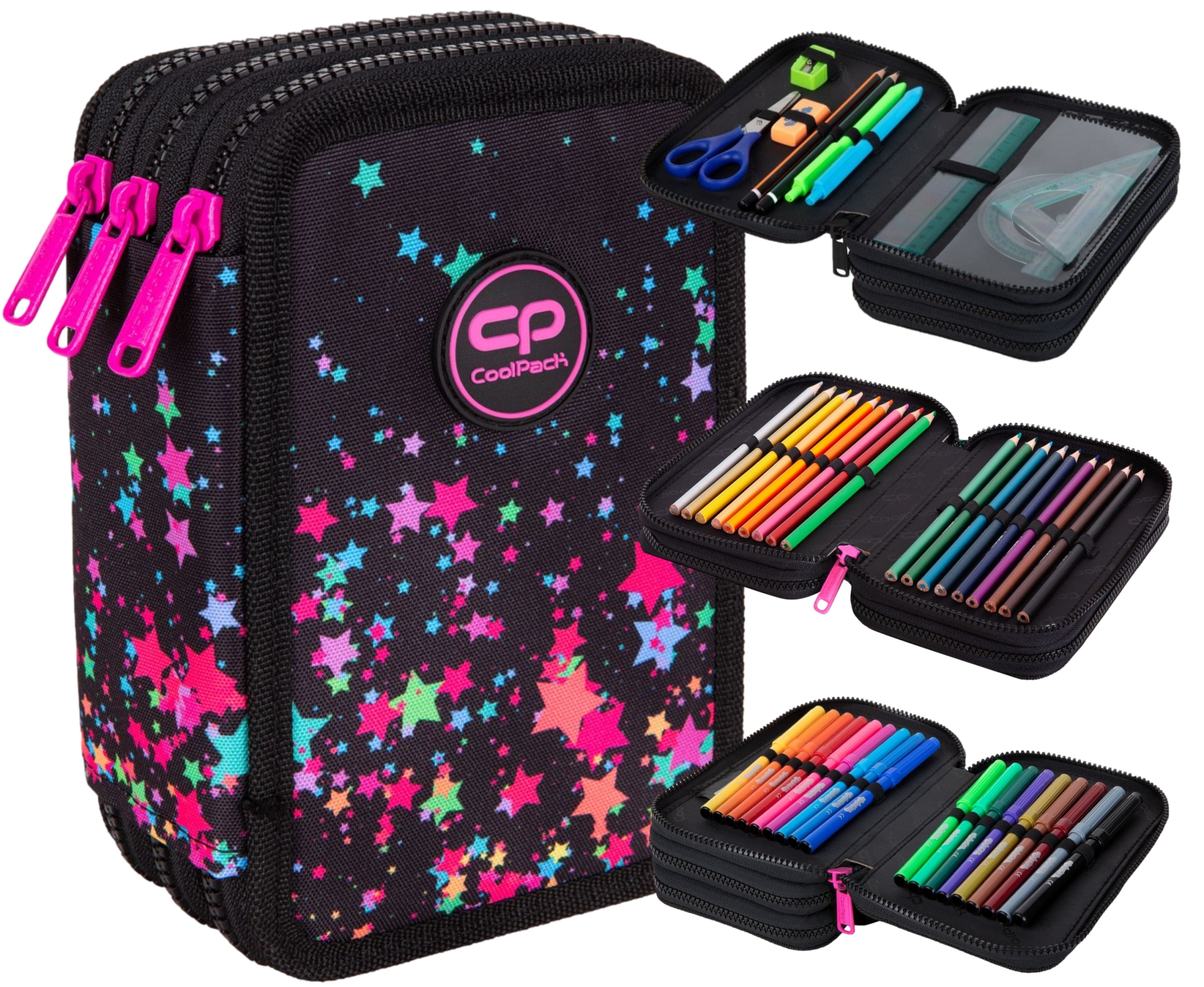 Trojkomorový školský peračník s COOLPACK vybavením pre dievča GALAXY 22×15×7 cm
