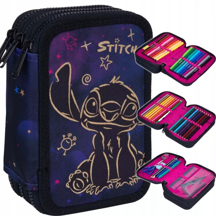 Disney Gold Jumper 3 Stitch školský trojitý peračník s kompletným vybavením 19,5×12,5×6,5 cm