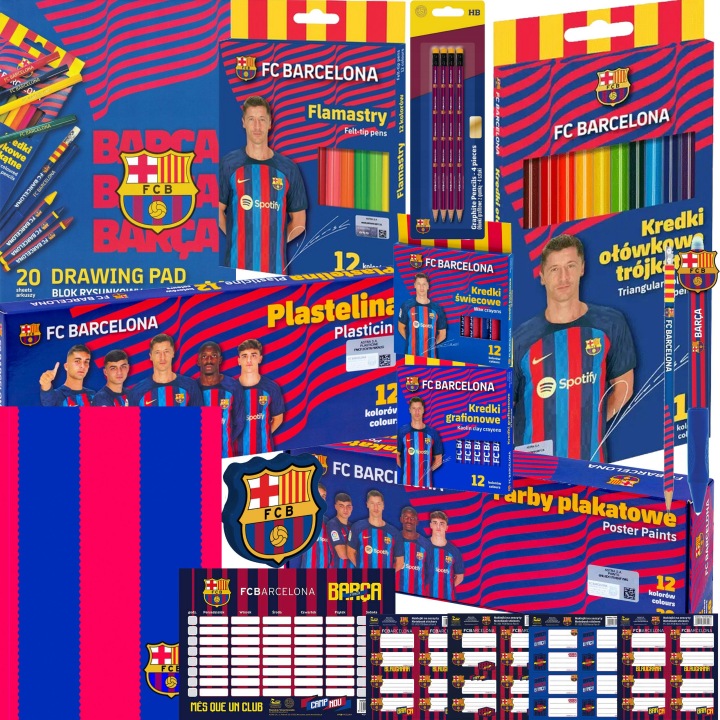 FC Barcelona školská štartovacia sada pre 1.–3. ročník – pastelky, farby, plastelína, blok a školské potreby