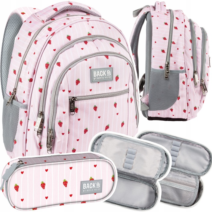 BackUP Pink Love školský batoh pre dievčatá 26 l s peračníkom, ergonomický batoh A4