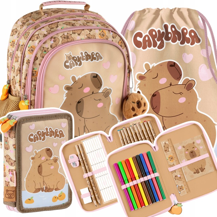 Derform Capybara školský batoh pre dievčatá 1.–3. ročník + peračník, taška a fľaša