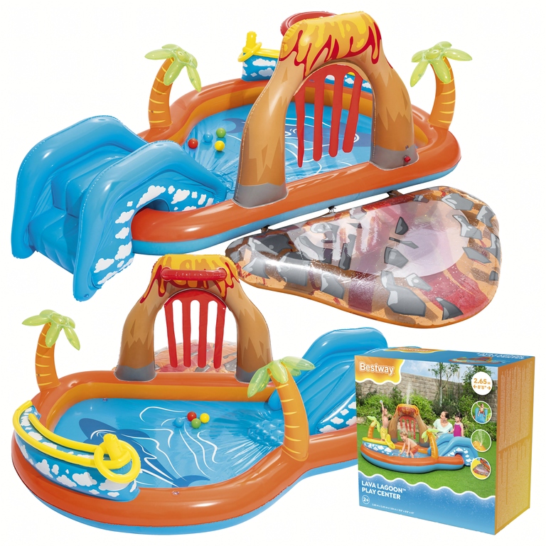 Bestway Lava Lagoon 53069 – nafukovacie vodné ihrisko s bazénom, šmýkačkou a fontánou 265 × 265 × 104 cm