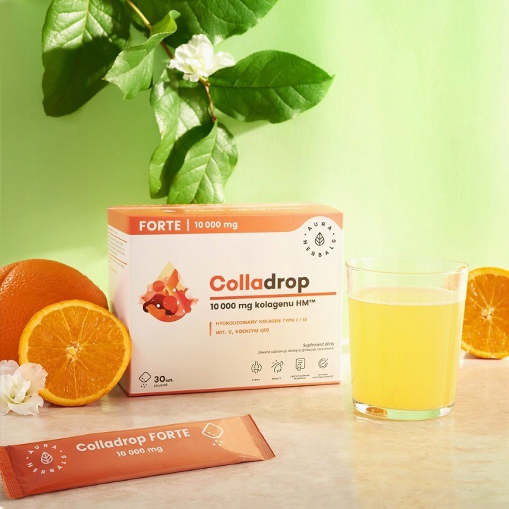 Aura Herbals Colladrop Forte 10 000 mg – morský kolagén typu I a III, vitamín C a koenzým Q10, 30 vrecúšok