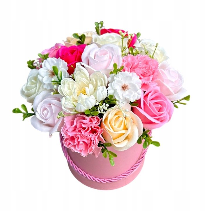 Ružový flower box s mydlovými kvetmi, výška 19–23 cm