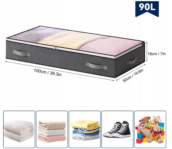 Sada 4 sivých úložných tašiek pod posteľ, 90 l na kus