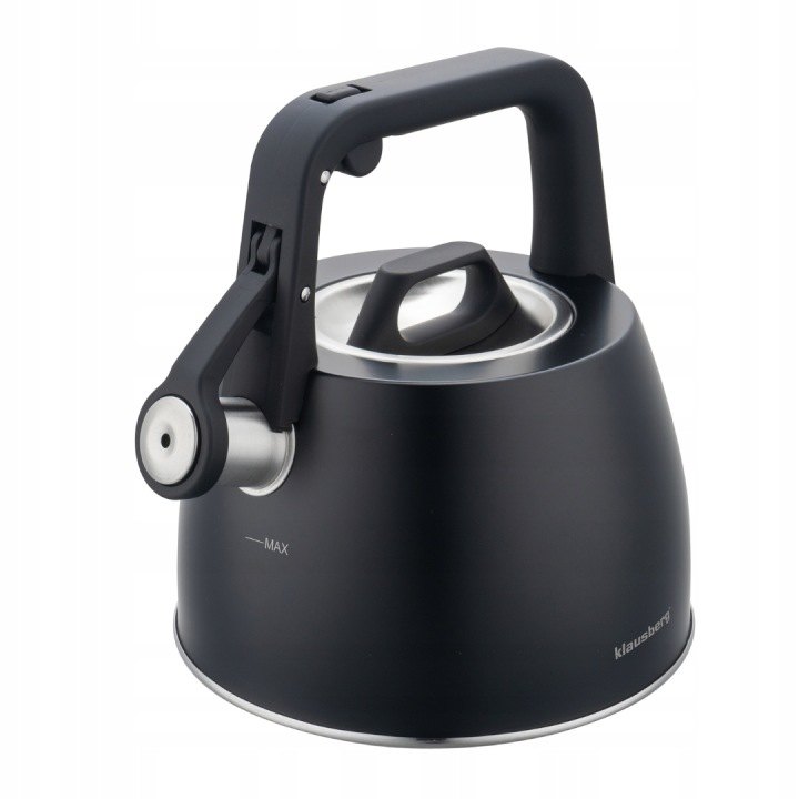 Klausberg KB-7915: čierna oceľová kanvica 2,5 l s píšťalkou