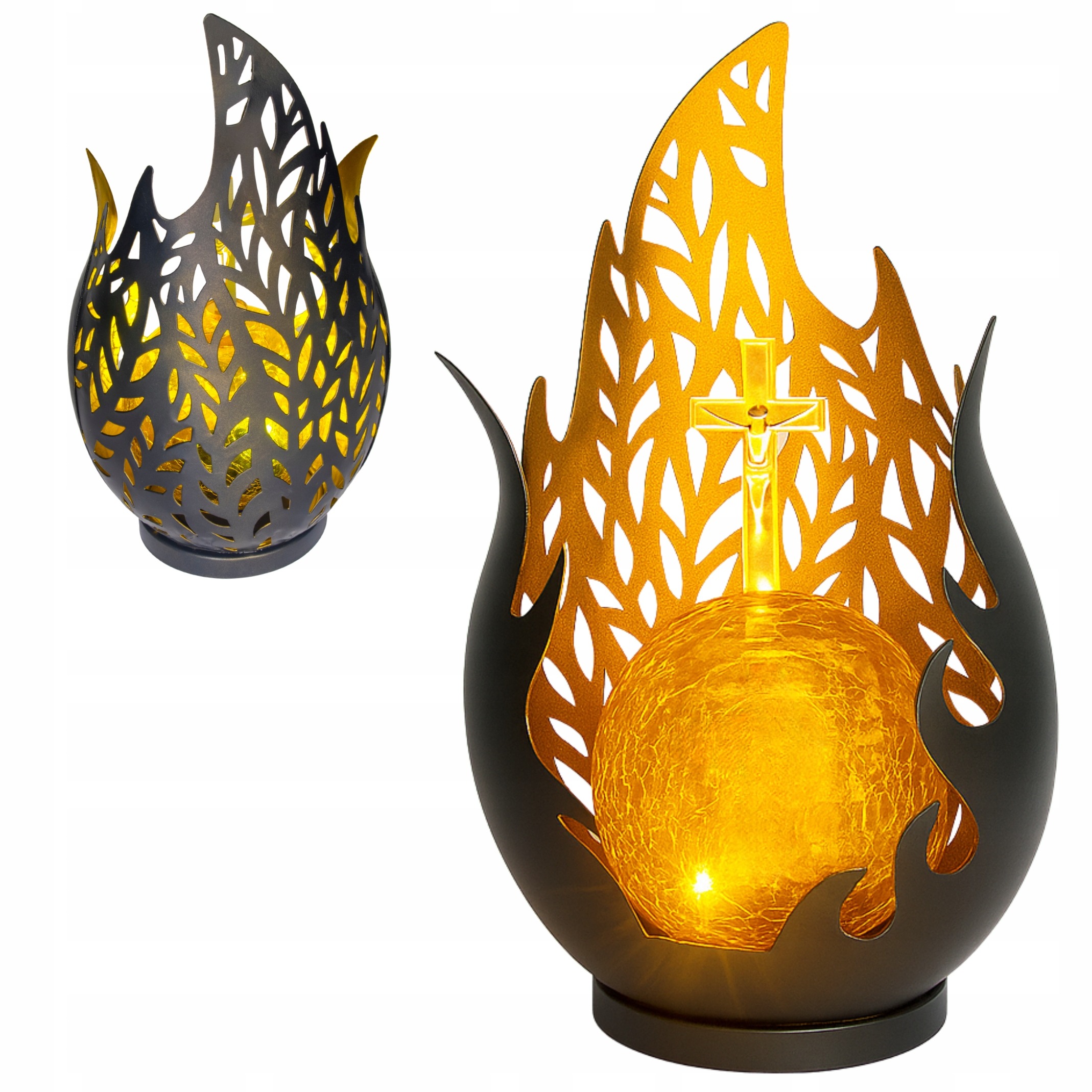 Veľká solárna LED sviečka so zlatým krížom – elegantný lampáš na hrob s teplým svetlom