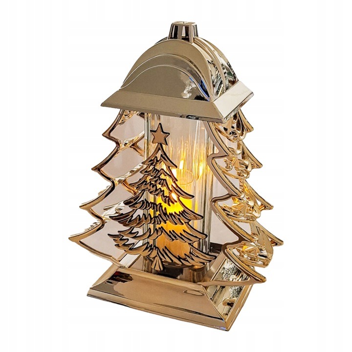 Zlatý chrómový lampáš na hrob CHOINKA 32 cm – elegantná vianočná sviečka s LED vložkou