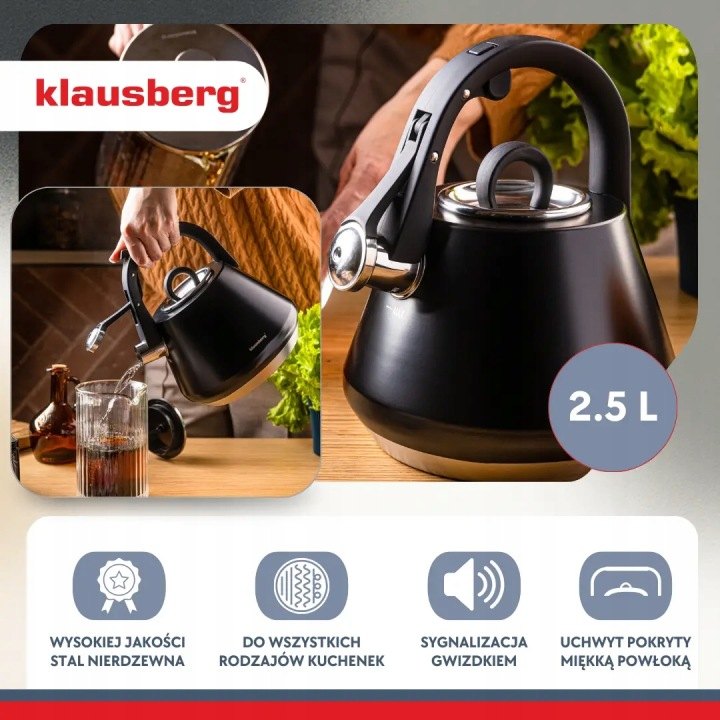 Klausberg KB-7948: čierna matná oceľová kanvica 2,5 l