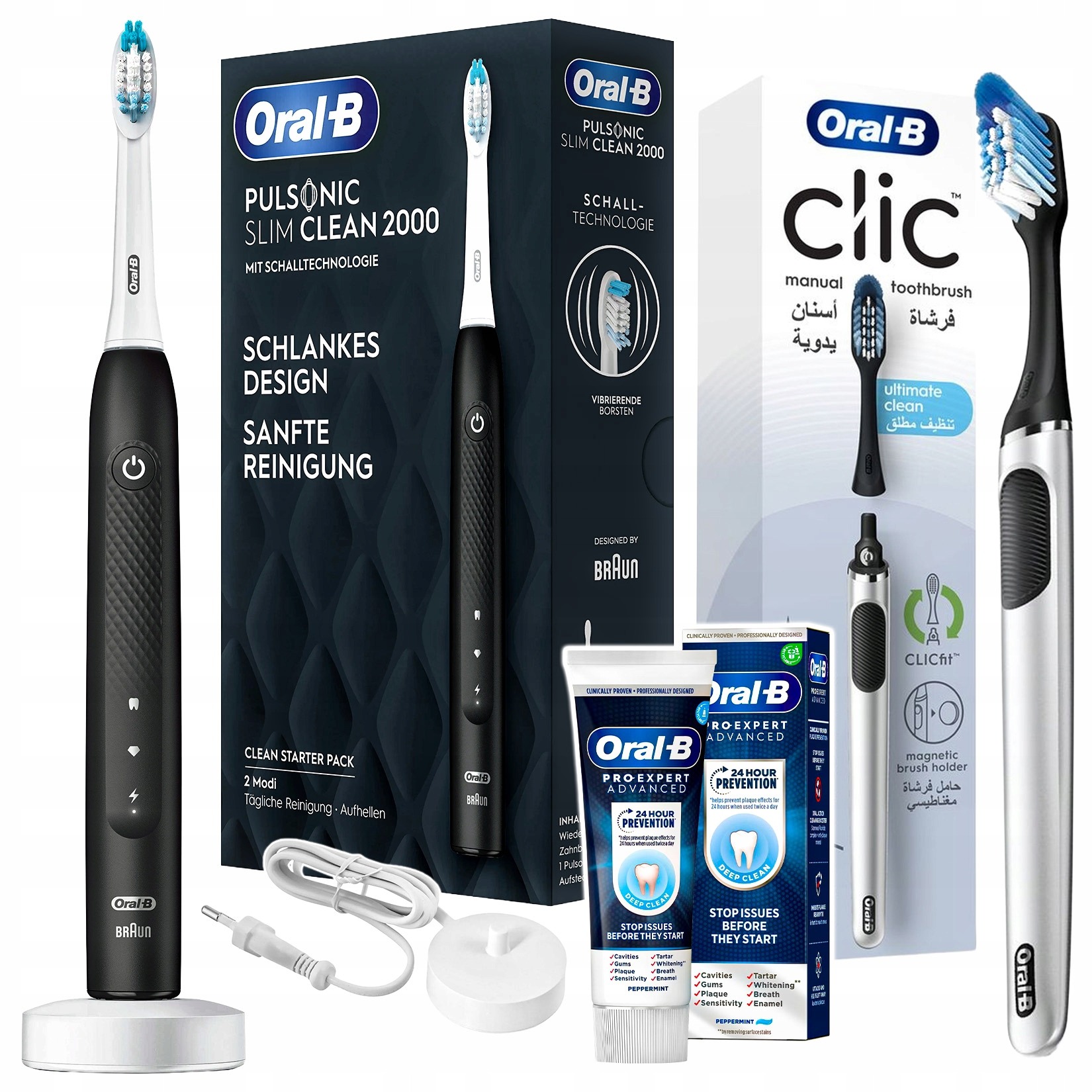 Sonická zubná kefka ORAL-B Pulsonic Slim Clean 2000 + manuálna kefka Clic Chrome Black + zubná pasta Pro-Expert Advanced Deep Clean 75 ml – oficiálna EU sada