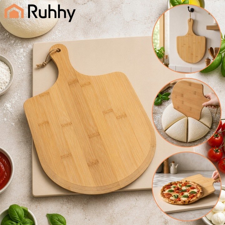 Ruhhy 39 × 36 cm kordierytový kameň na pizzu s bambusovou lopatkou