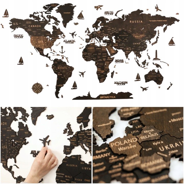 Drevená 3D mapa sveta Pinelini Wenge XL 130 × 72 cm