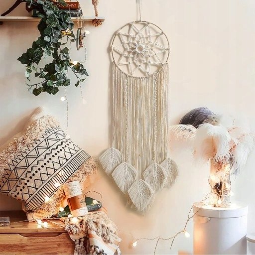 Béžová nástenná makramé so strapcami 30 cm