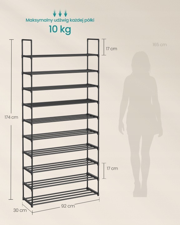 Čierny regál Songmics LSA10BK na topánky, 10 úrovní a delenie na 2 moduly