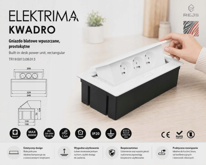 Rejs Elektrima Kwadro – biela vstavaná zásuvka 3×230 V
