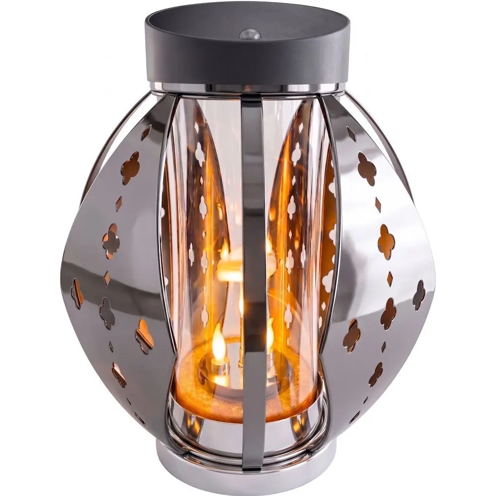 Solárny LED lampáš 25 cm grafitový so skleneným krytom – efekt realistického plameňa, náhrobná sviečka bez elektriny