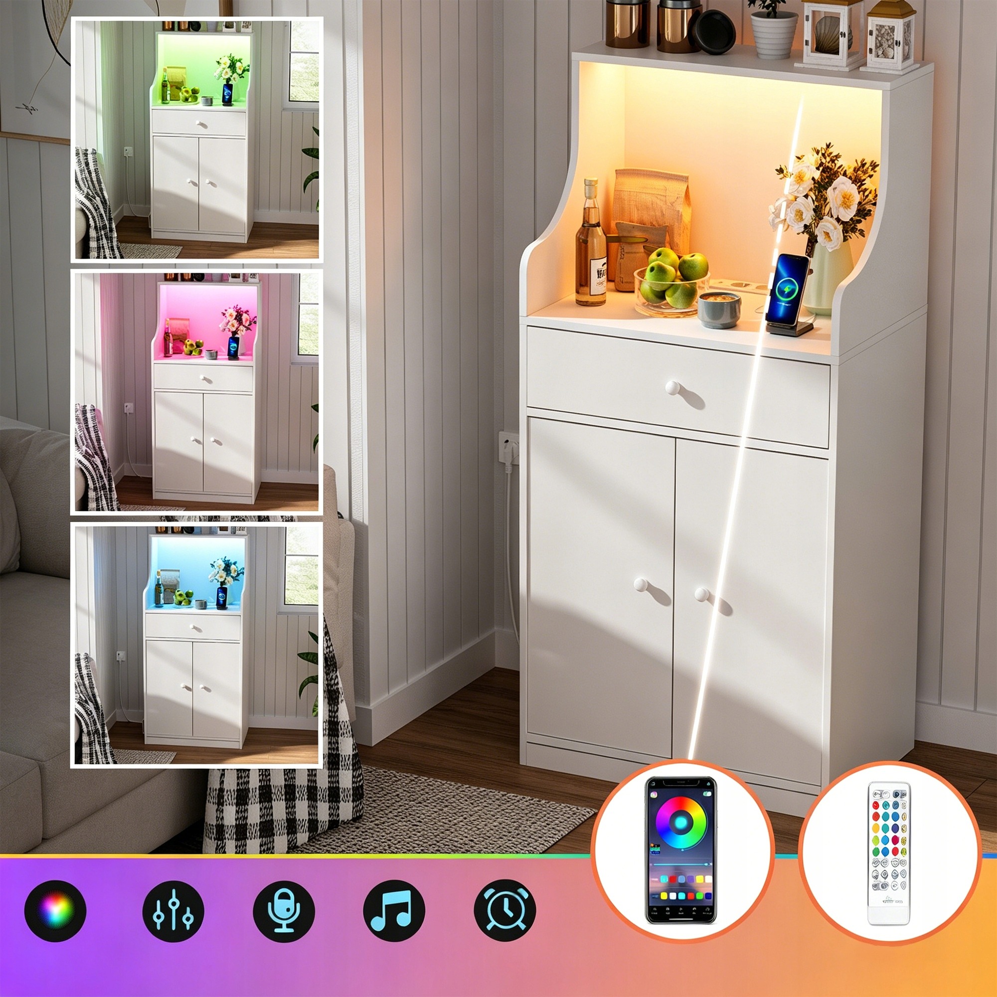 Biely kuchynský kredenc s LED osvetlením a zásuvkami 60 cm
