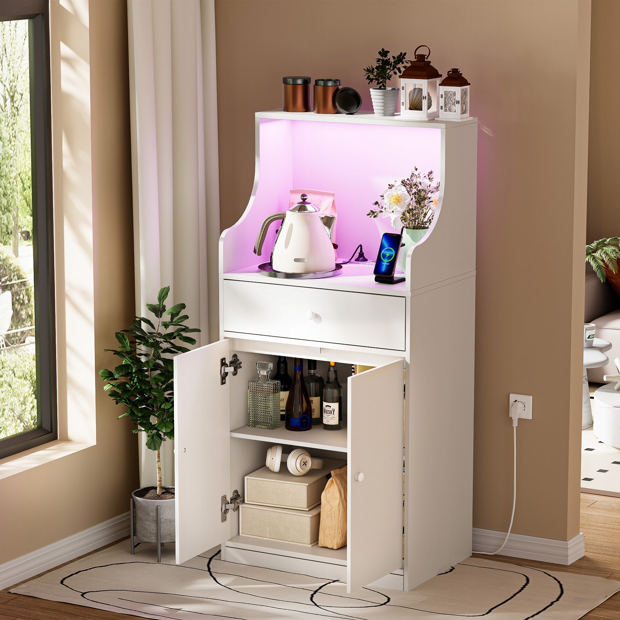 Biely kuchynský kredenc s LED osvetlením a zásuvkami 60 cm