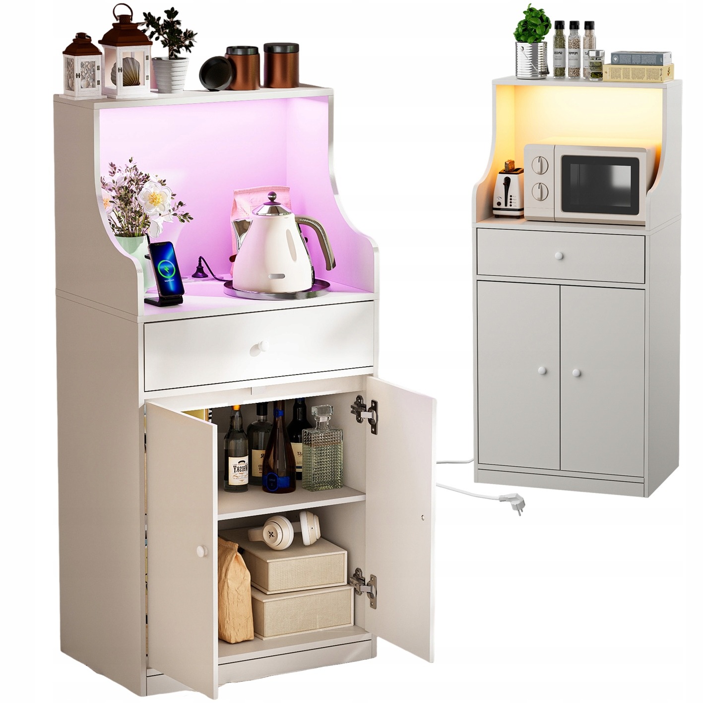 Biely kuchynský kredenc s LED osvetlením a zásuvkami 60 cm