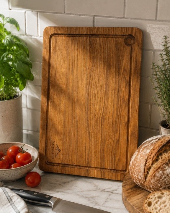 Dubová doska na krájanie 45 × 30 × 2 cm s drážkou na šťavu