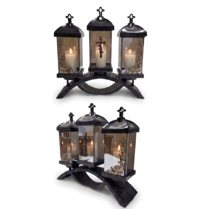 Elegantný trojitý zlatý náhrobný lampáš kaplnka 39 cm – sklenený svietnik na hrob