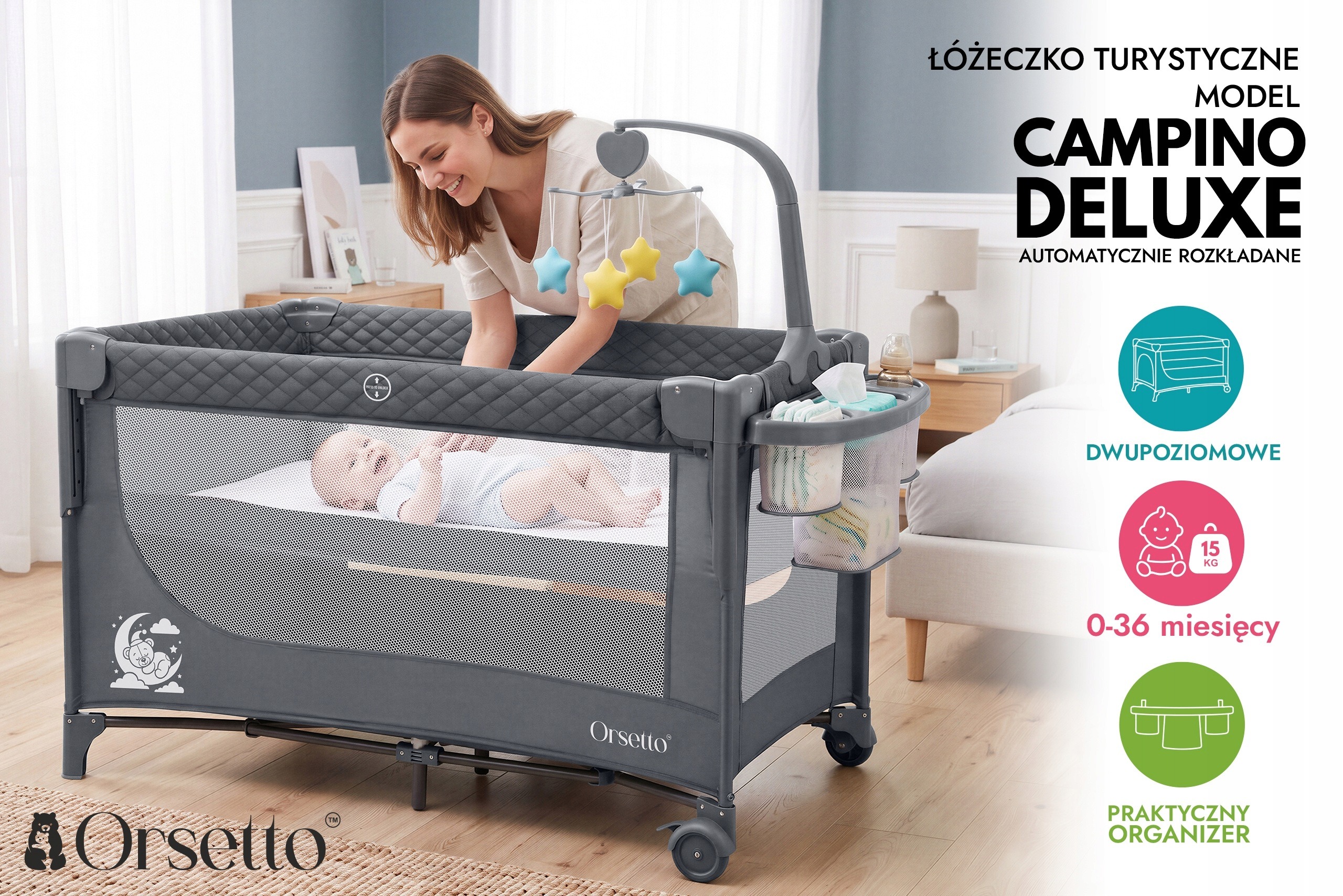 Sivá cestovná postieľka Orsetto Campino Deluxe