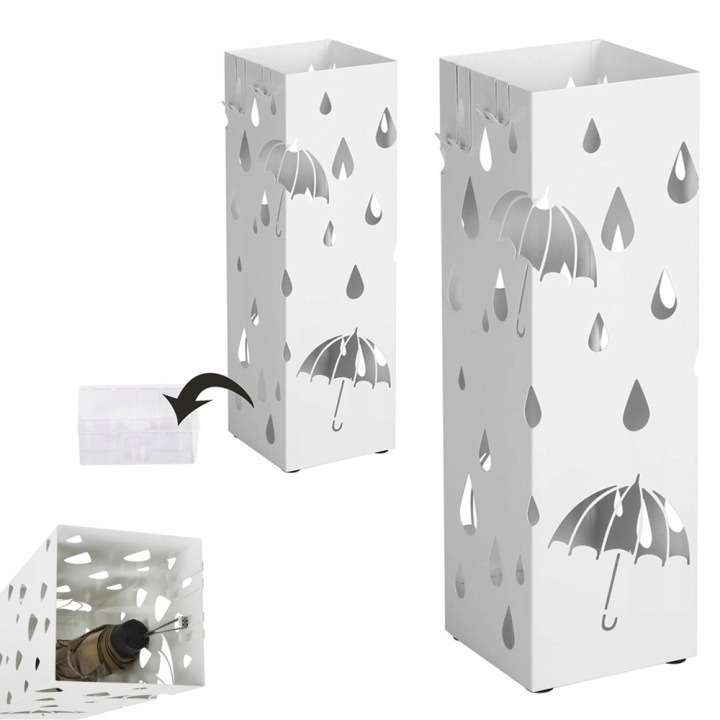 Biely stojan na dáždniky Songmics LUC49W, 49 cm, miska a 4 háčiky