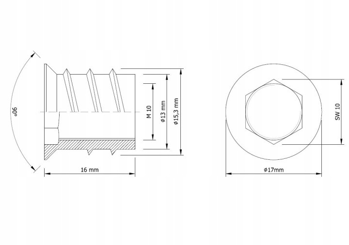Závitové mufy WNSP M10 × 16 mm s prírubou, 100 ks