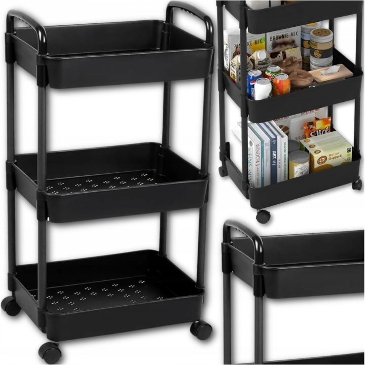 Care Life – čierny plastový vozík s 3 policami, výška 78 cm