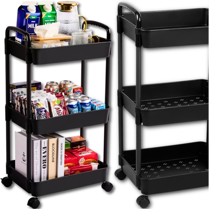 Care Life – čierny plastový vozík s 3 policami, výška 78 cm