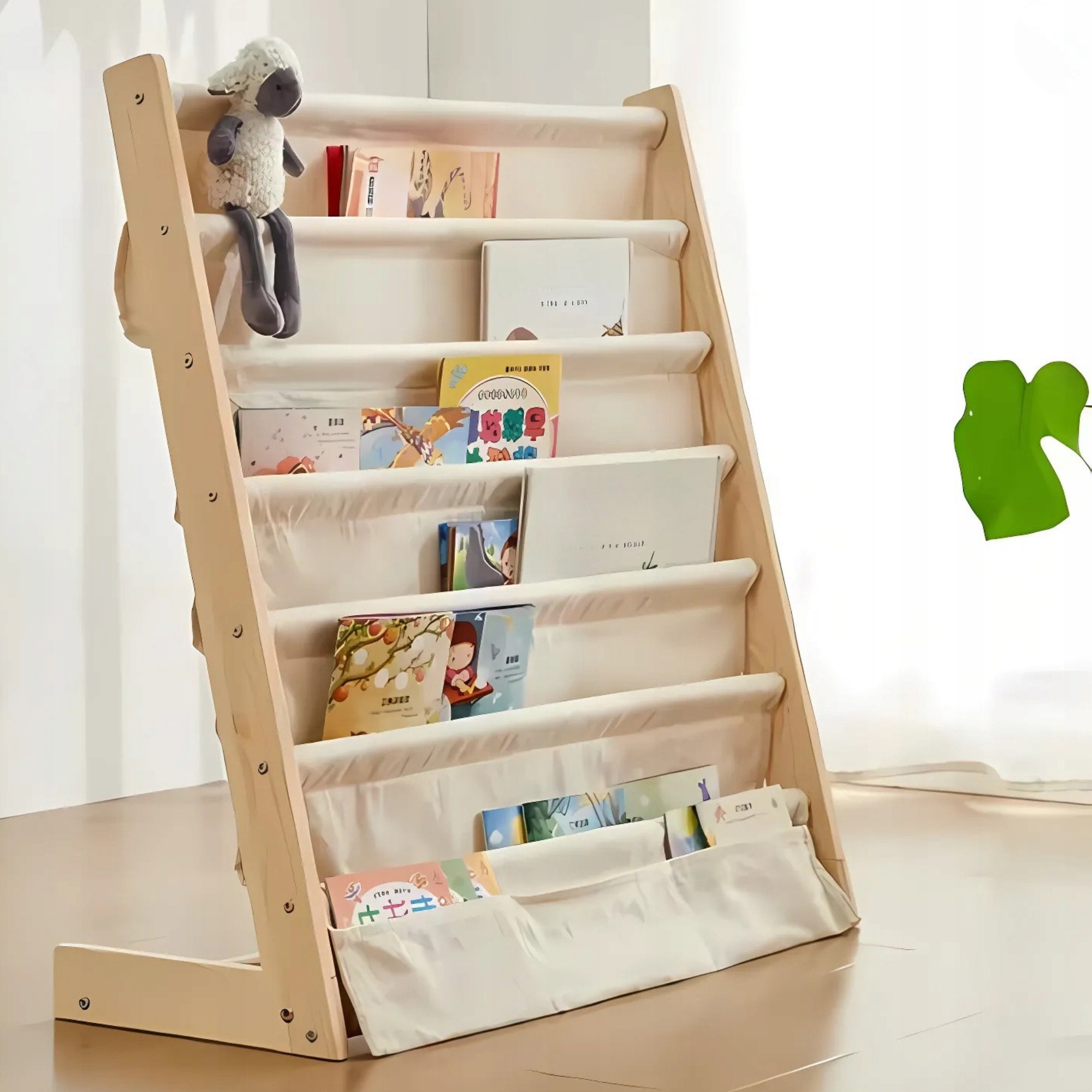 Detský regál na knihy REGAL1, 6 látkových vreciek, výška 79 cm