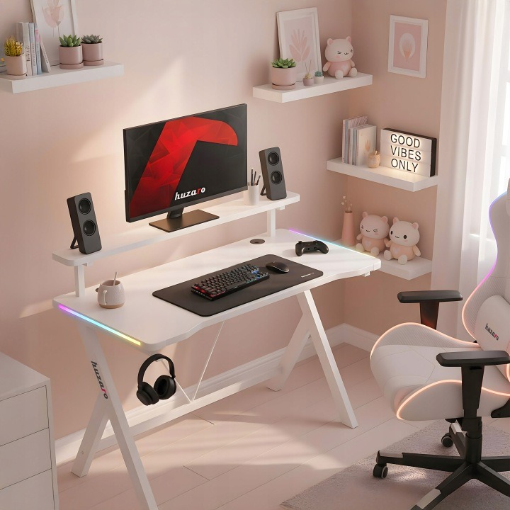 Huzaro Hero 1.9 RGB White – biely herný stôl 120 × 60 cm s LED