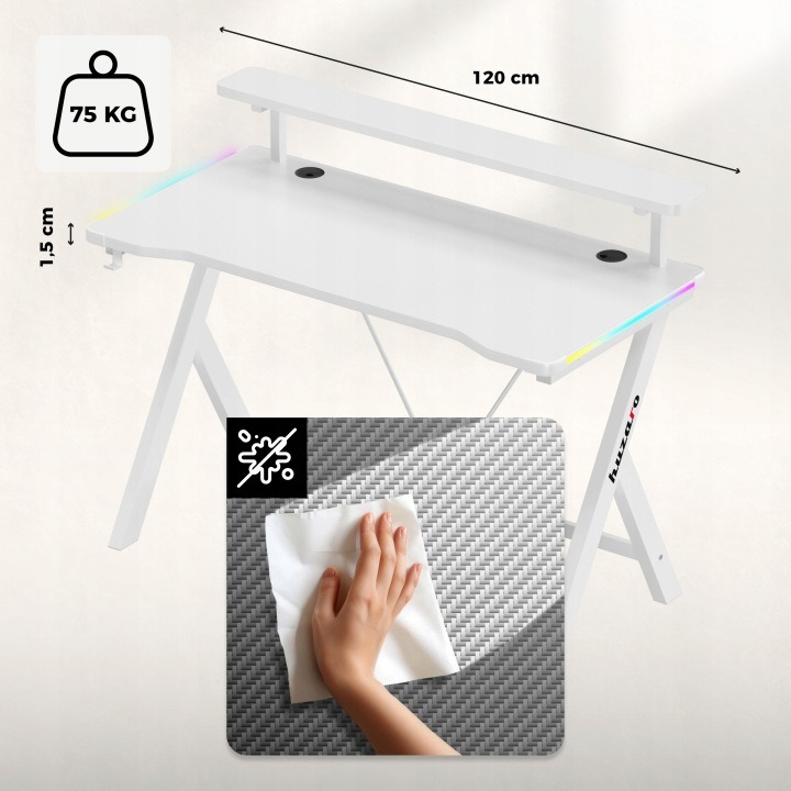 Huzaro Hero 1.9 RGB White – biely herný stôl 120 × 60 cm s LED