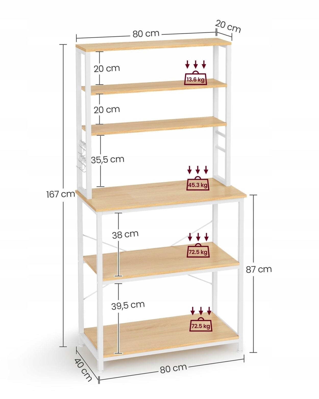 Biely kuchynský regál Songmics KKS019W09, 80 × 40 × 167 cm